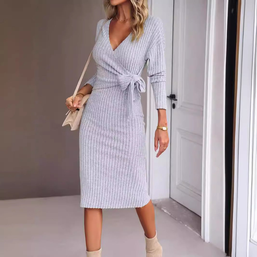 IvyShape | Elegant V-Neck Long Sleeve Knitted Tie Dress