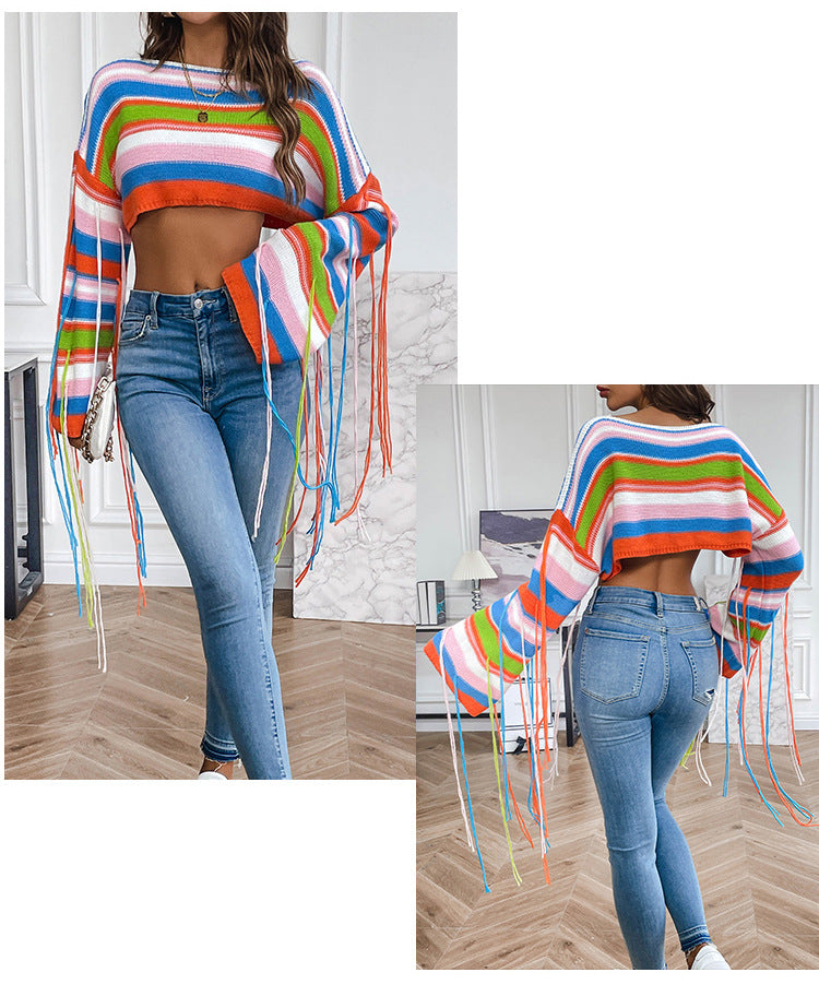 IvyShape | Rainbow striped fringed crop pullover