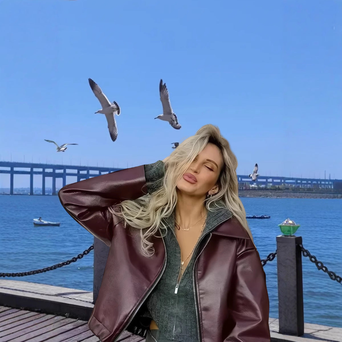 Women Faux Leather Jacket with Stand Collar and Voluminous Sleeves Ivyshape