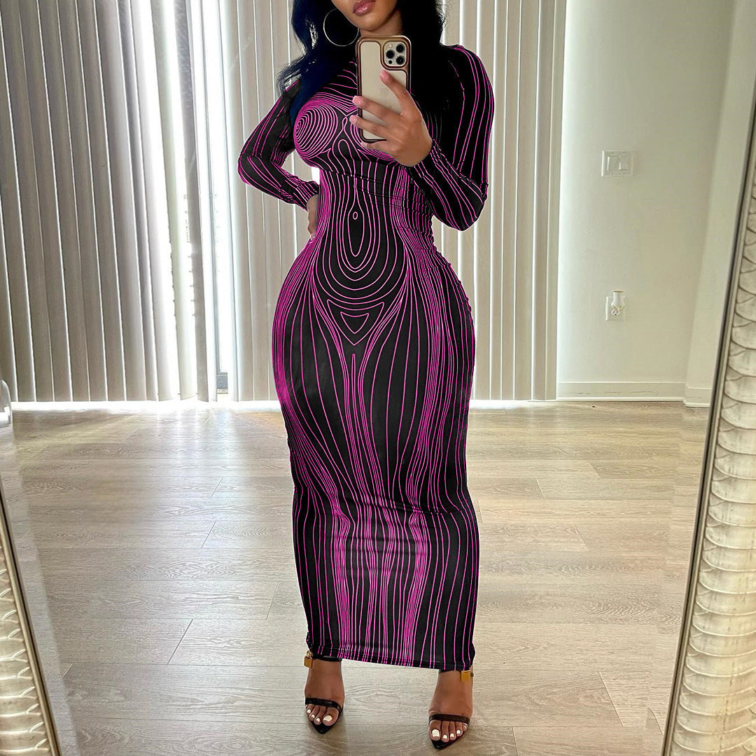 Women figure-hugging long sleeve dress with modern line pattern Ivyshape