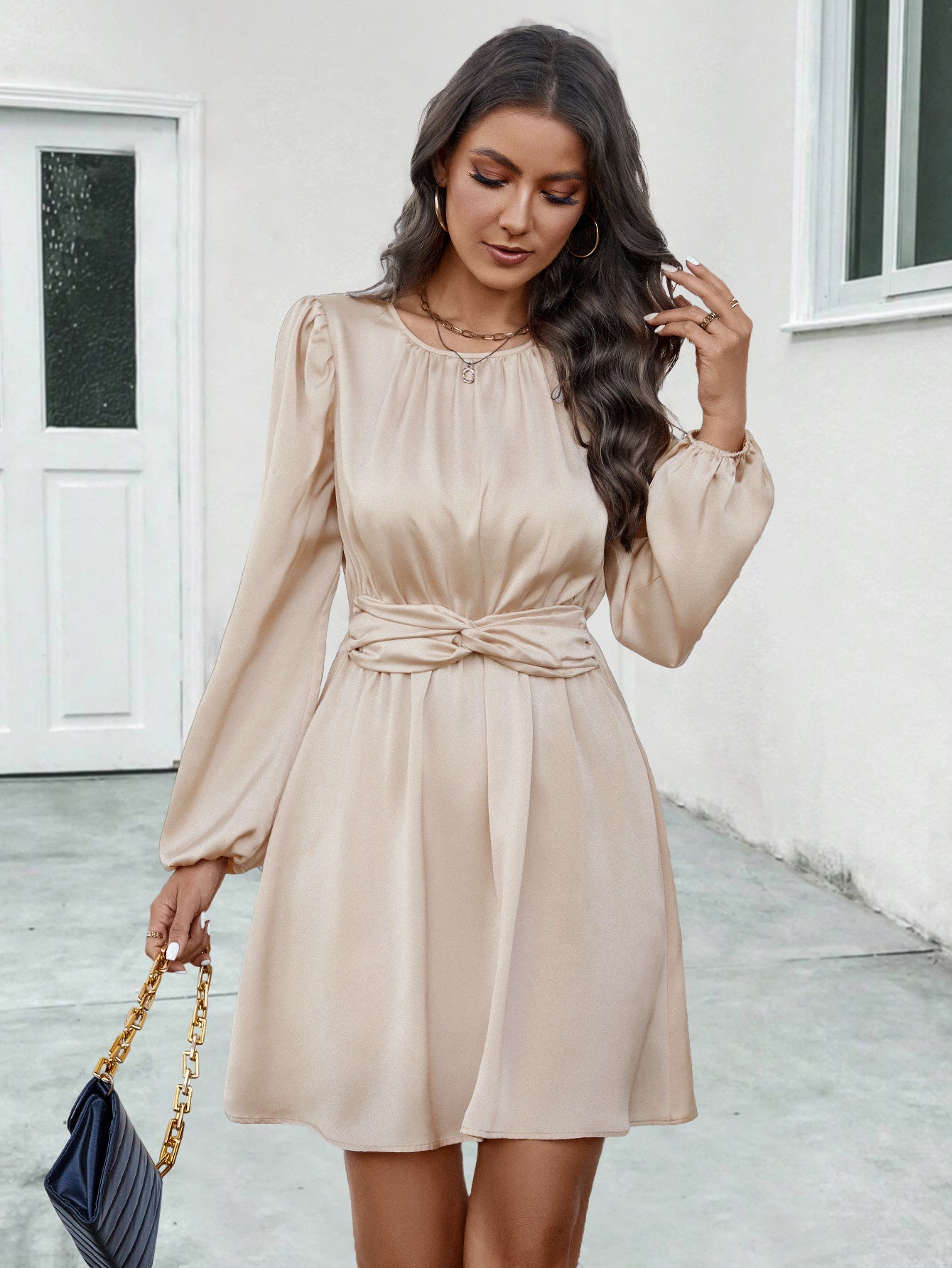 Women elegant wrap dress with deep V-neck and elastic waistband Ivyshape