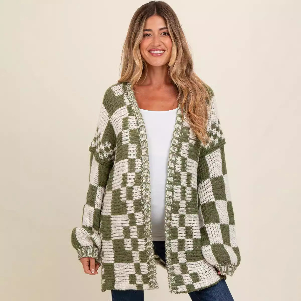 Ivyshape | Plaid Loose Knitted Outerwear Cardigan