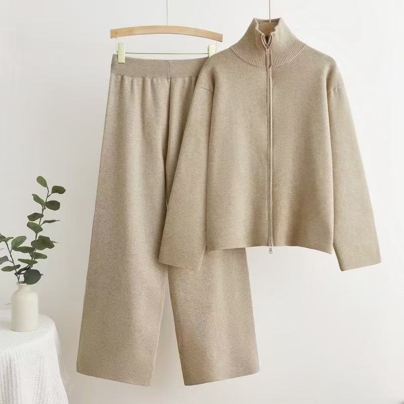 IvyShape | High Collar Wide Leg Pants Knit Suit