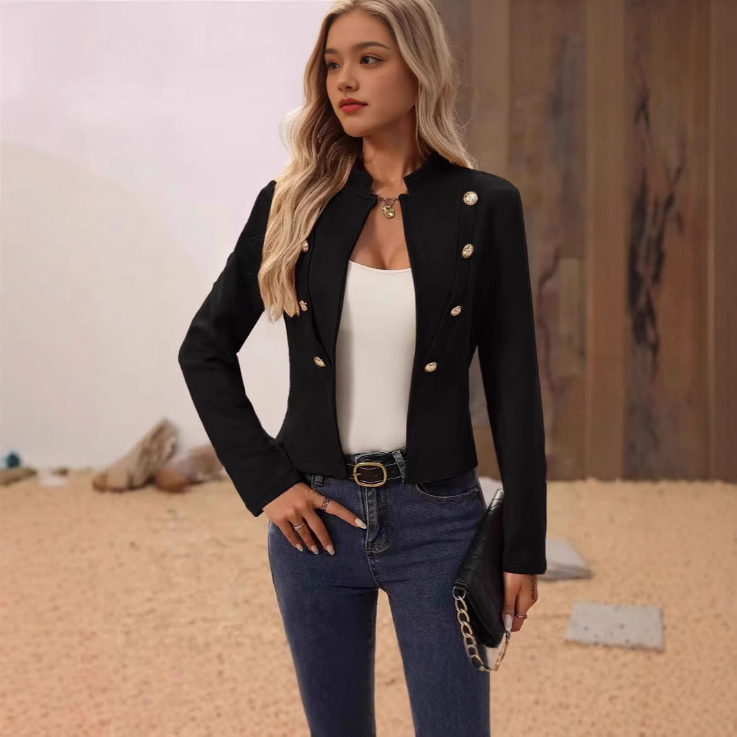 Women elegant tailored blazer jacket with golden buttons Ivyshape