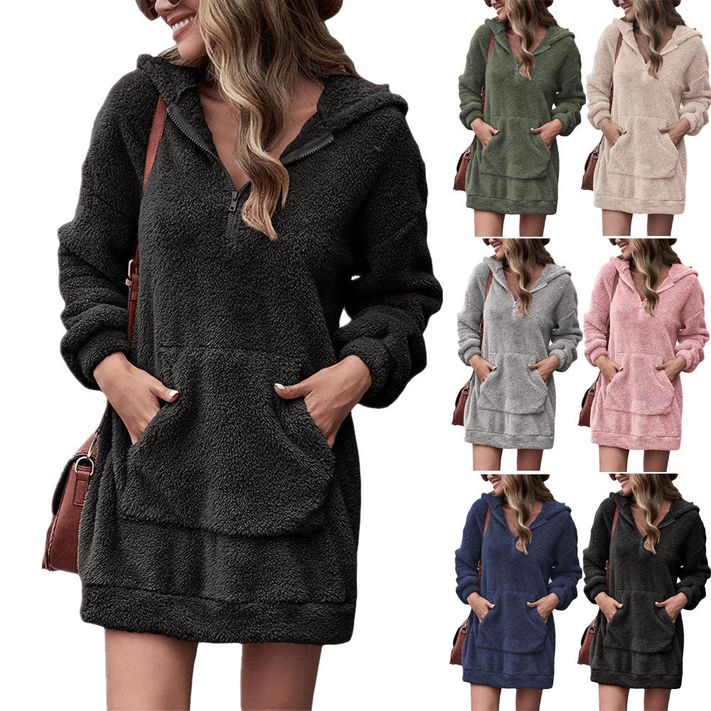 Women's fleece hooded dress with pockets and zipper Ivyshape