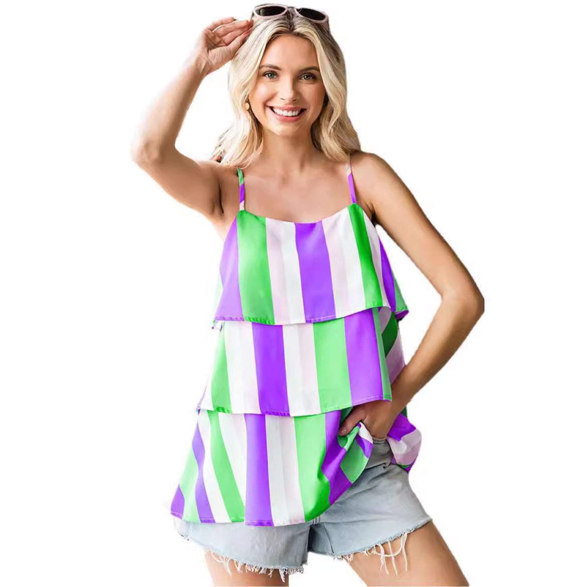 Women airy striped top with layered design Ivyshape
