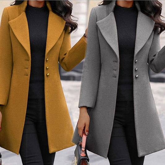 Women Elegant Wool Coat with Double Button Placket and Minimalist Design Ivyshape