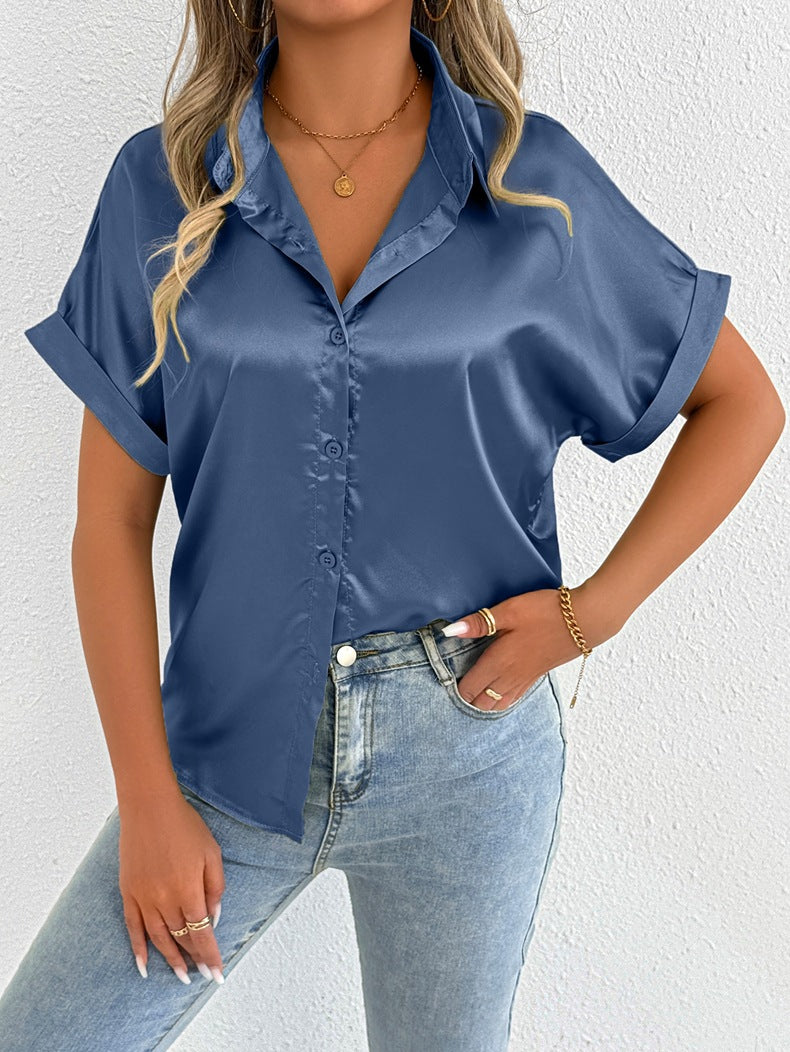 Women's short-sleeve blouse made of high-quality satin with folded collar and button placket Ivyshape