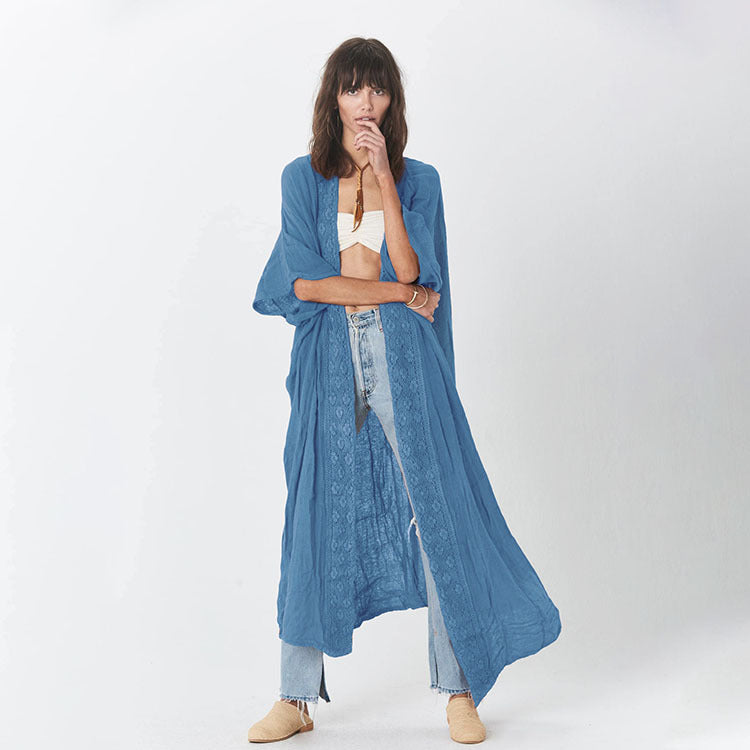 Women's long, airy wrap robe with fine lace appliqués Ivyshape