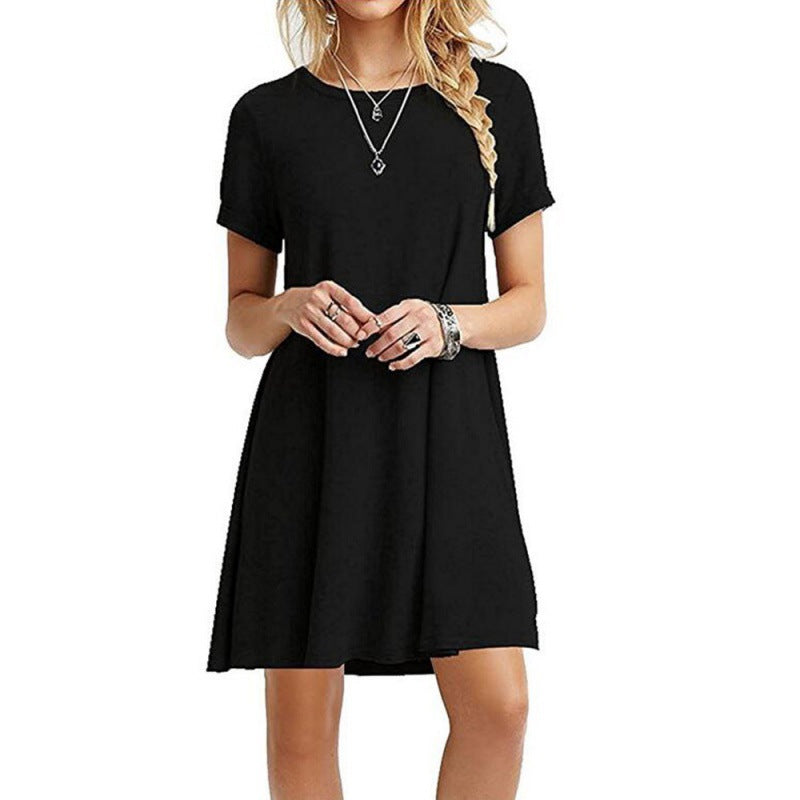 Ladies loose fitting casual dress with round neckline and short sleeves Ivyshape