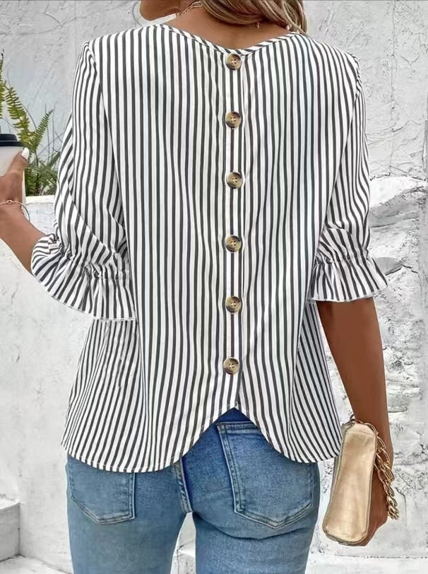 Women's blouse with modern stripes and elegant ruffle details Ivyshape