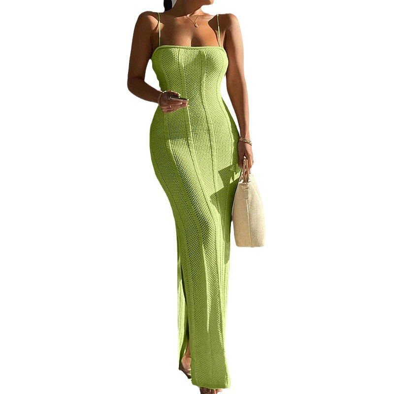 IvyShape | Multicolor Knitted Spaghetti Strap Fitted Long Dress