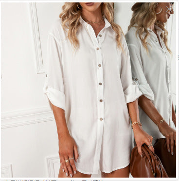 Ladies shirt dress made of lightweight cotton blend with button closure and long sleeves Ivyshape