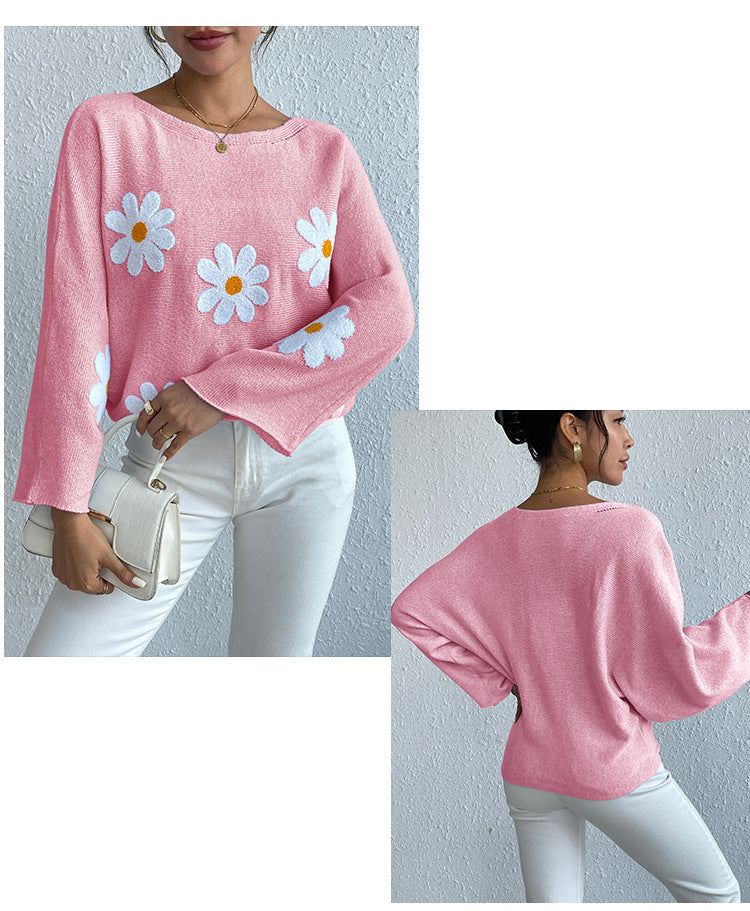 IvyShape | Floral Embroidery One-Shoulder Pullover Sweater