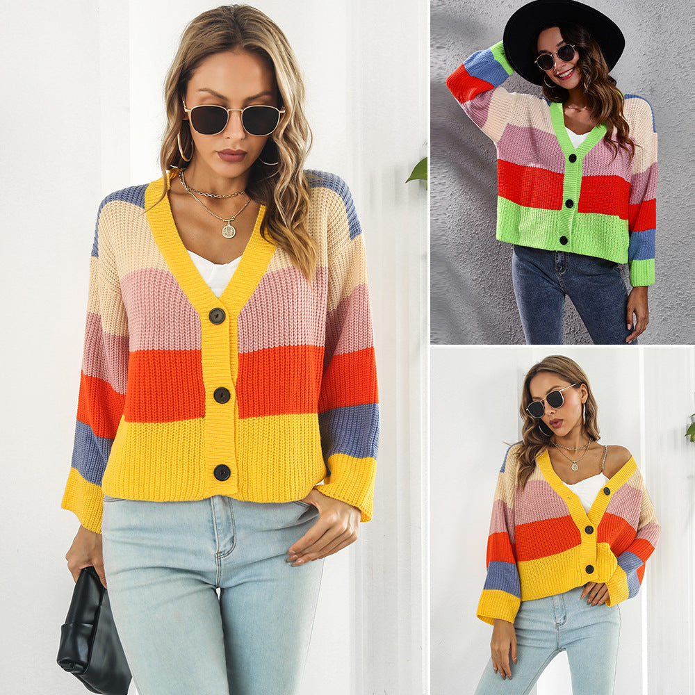 Women's chunky knit cardigan with button details and trendy color play Ivyshape