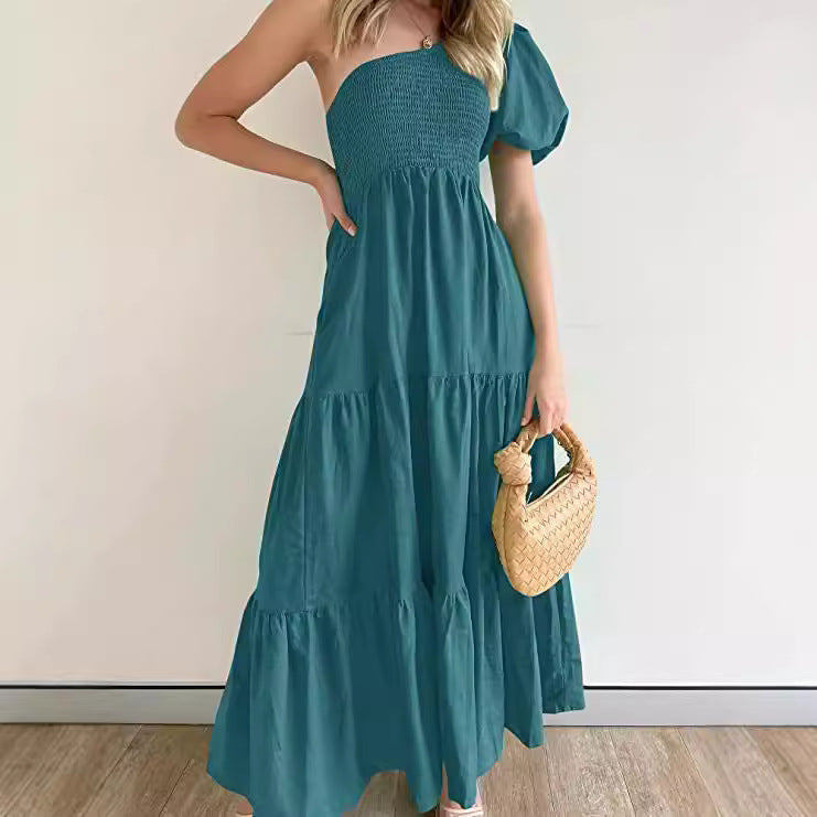 IvyShape | Romantic One-Shoulder Puff Sleeve Beach Dress