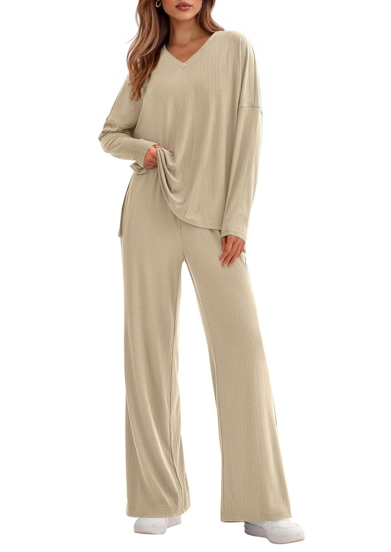 Women's two-piece suits casual fashion loose long-sleeved tops wide-leg pants Ivyshape