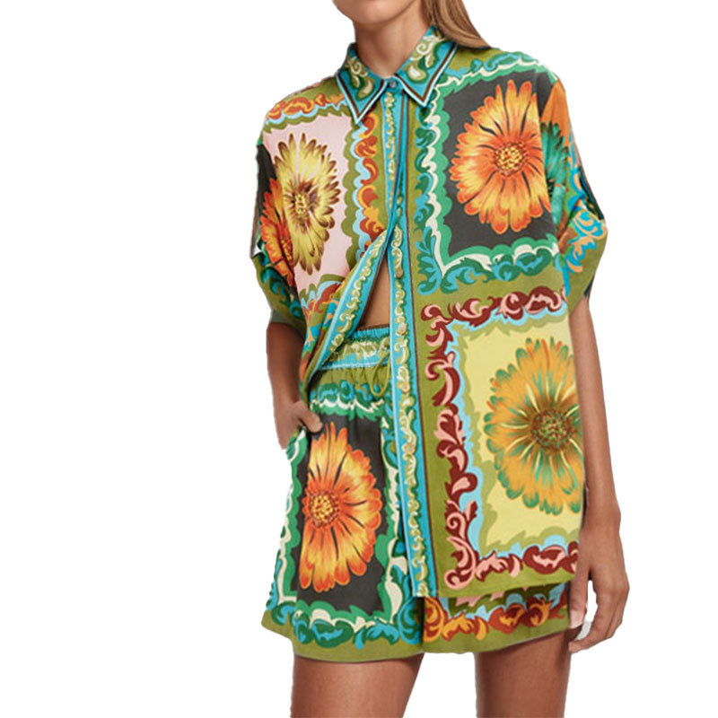 IvyShape | Printed Lapel Shirt and Shorts Fashion Set