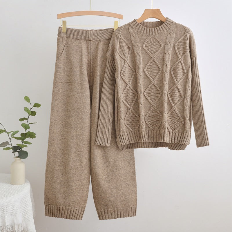 IvyShape | Twisted knit sweater and wide pants set