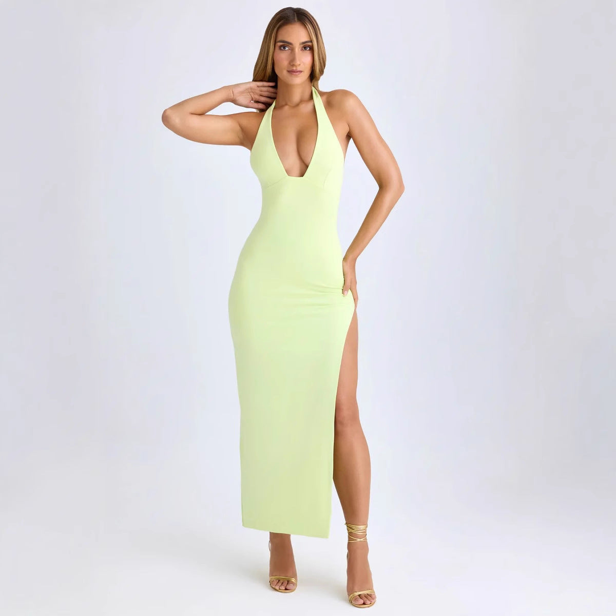 Women Elegant Wrap Maxi Dress with Deep V-Neckline and Flowing Hem Ivyshape