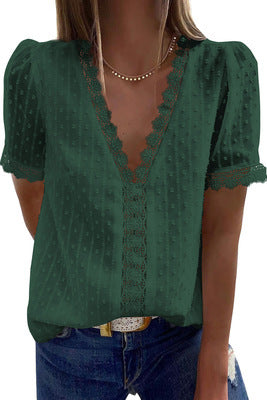 Ladies blouse with fine lace pattern and lace trim Ivyshape