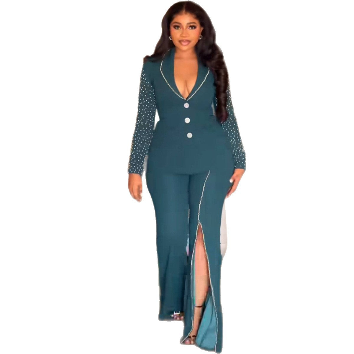 Women Elegant Suit with Shimmering Pearls and Modern Slit Ivyshape