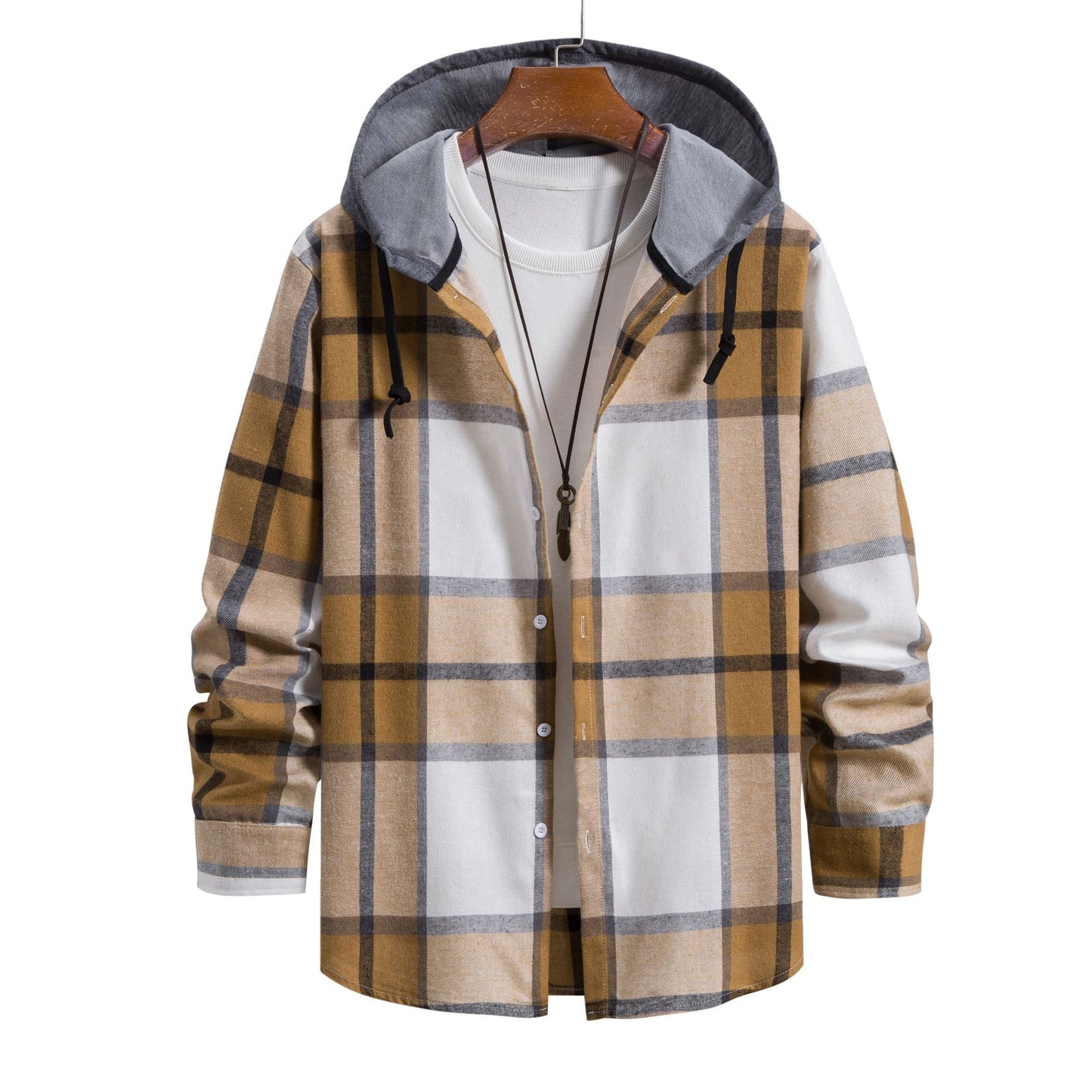 Men's check shirt jacket with integrated hooded sweater and comfortable button details Ivyshape