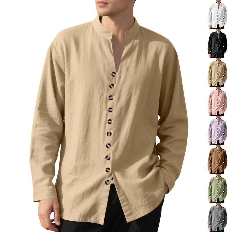 Men's stylish long-sleeve shirt with fashionable stand-up collar and unique button detail Ivyshape