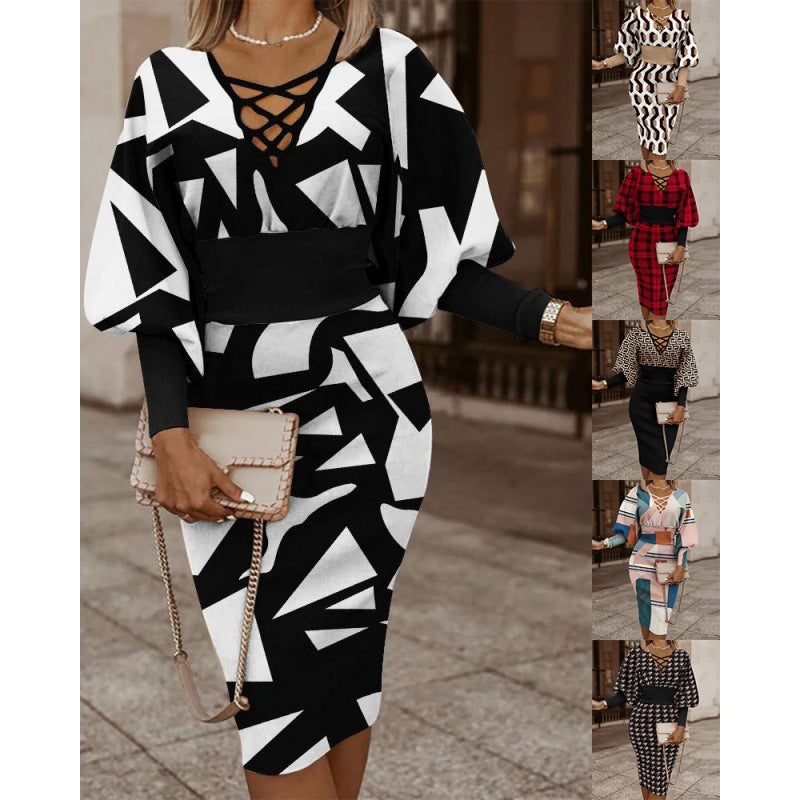 Women's Midi Dress with Geometric Print and Puff Sleeves Ivyshape