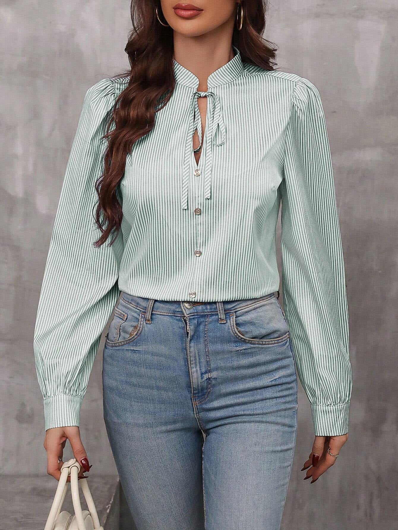 Women elegant striped blouse with puff sleeves and fine button details Ivyshape