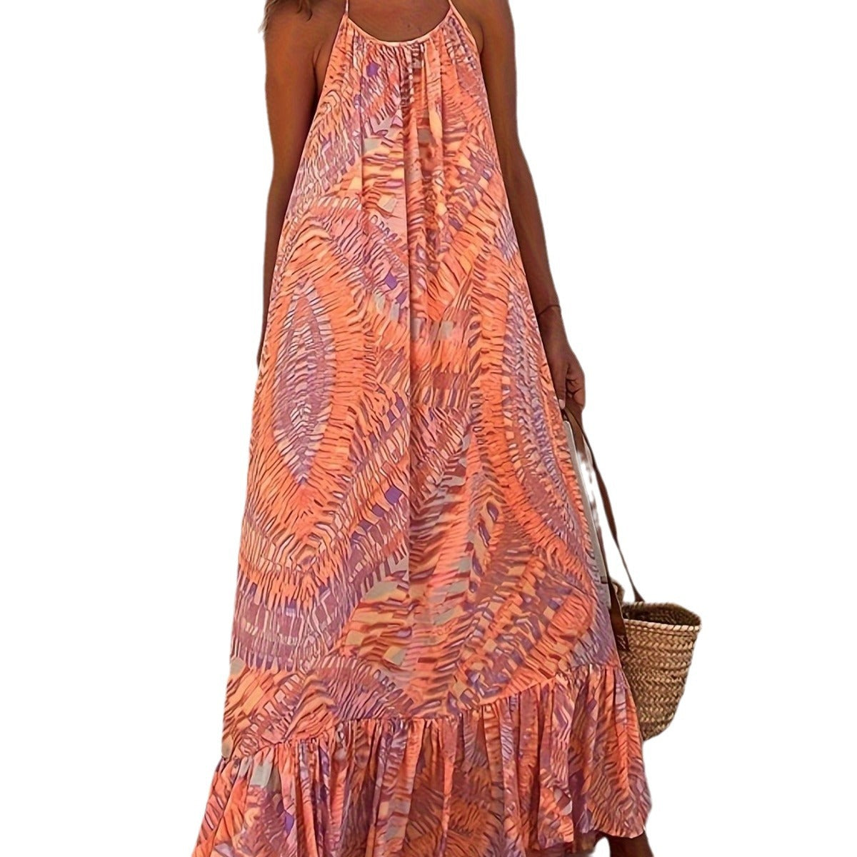 IvyShape | Elegant Printed Halter Big Hem Off-Shoulder Beach Long Dress