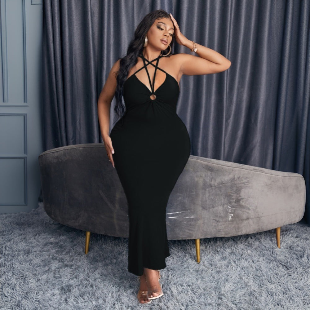 Women elegant wrap dress with deep V-neckline and sophisticated strap details Ivyshape