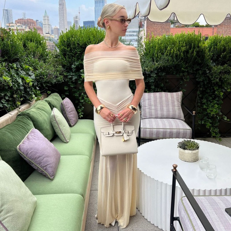 Women Elegant Tailored Maxi Dress with Off-Shoulder Design and Ruffle Details Ivyshape