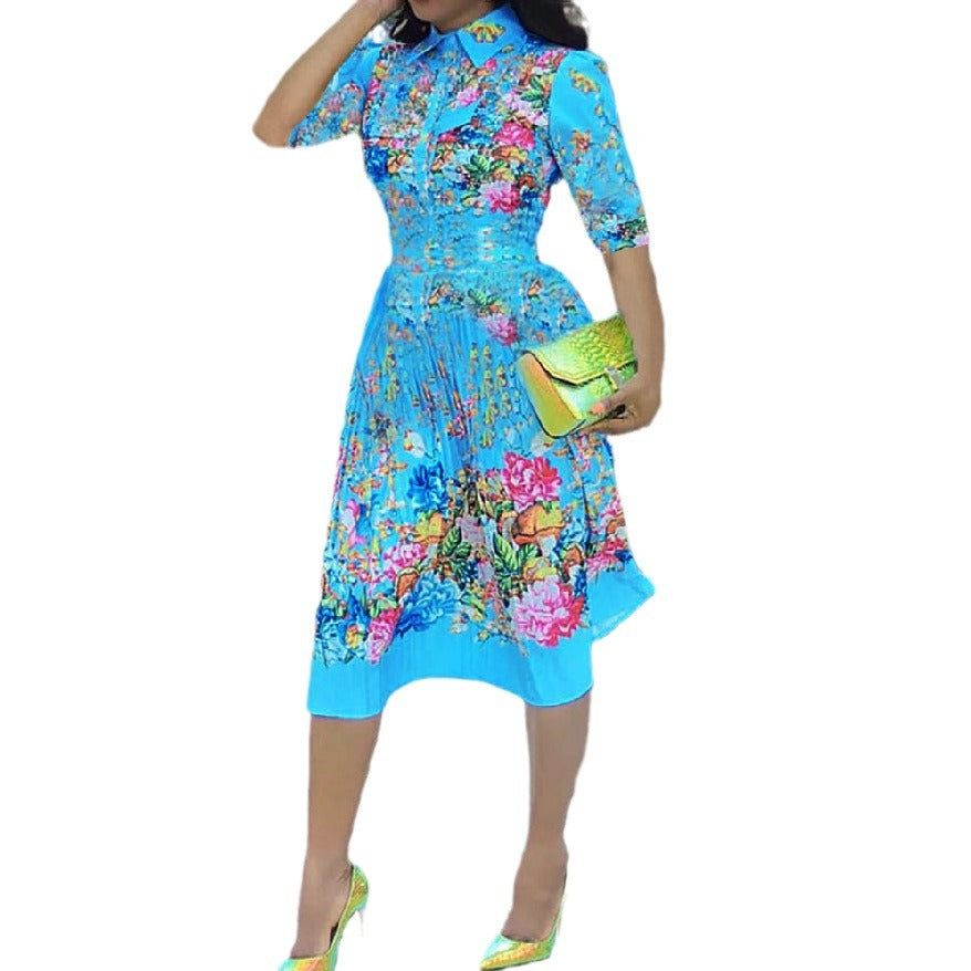 IvyShape | Elegant Printed Lapel Long Sleeve Mid-Length Dress