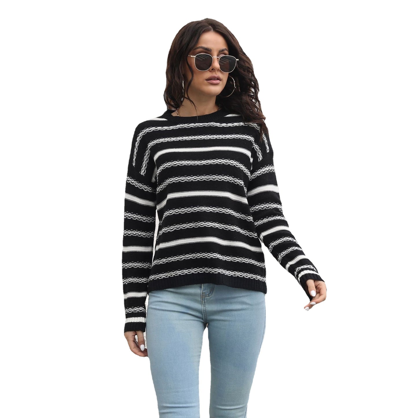 Ladies Casual Knit Sweater with Modern Stripe Pattern and Comfortable Fit Ivyshape