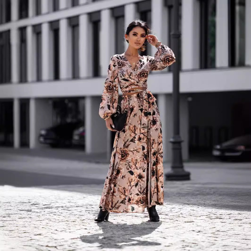 IvyShape | Floral Print Leopard Split Long Sleeve Dress Set