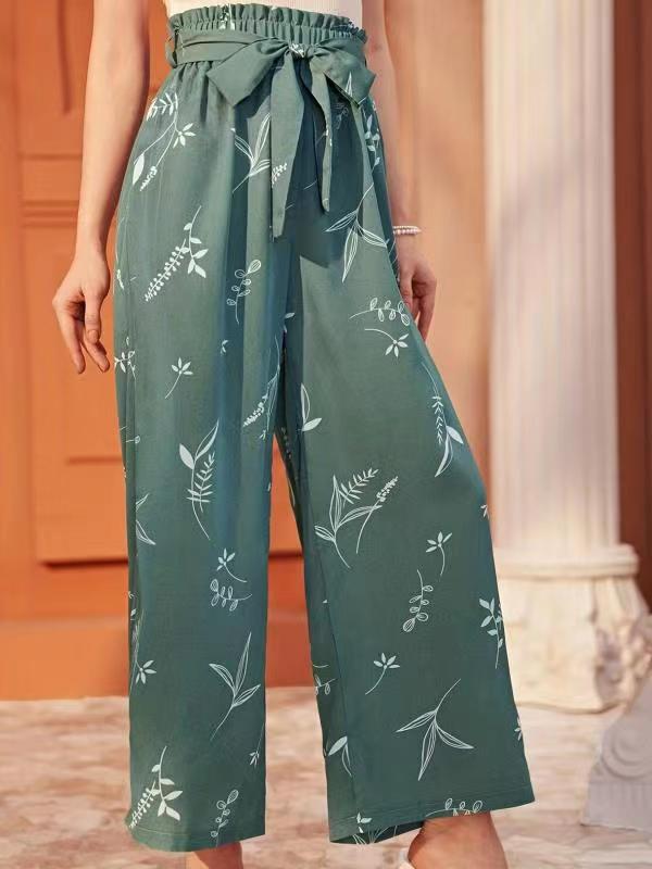 Wide women's trousers with floral print and elastic waistband Ivyshape