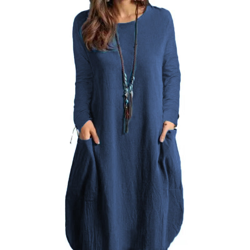 IvyShape | Relaxed Cotton Linen Solid Color Pocket Long Sleeve Dress