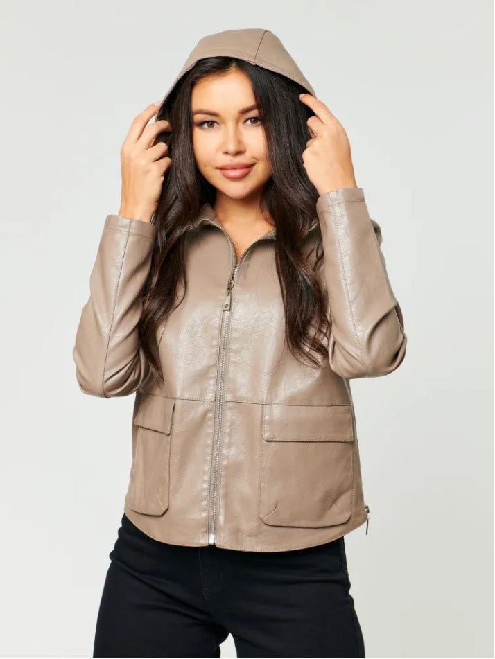 Women Faux Leather Jacket with Attached Hoodie and Practical Pockets Ivyshape