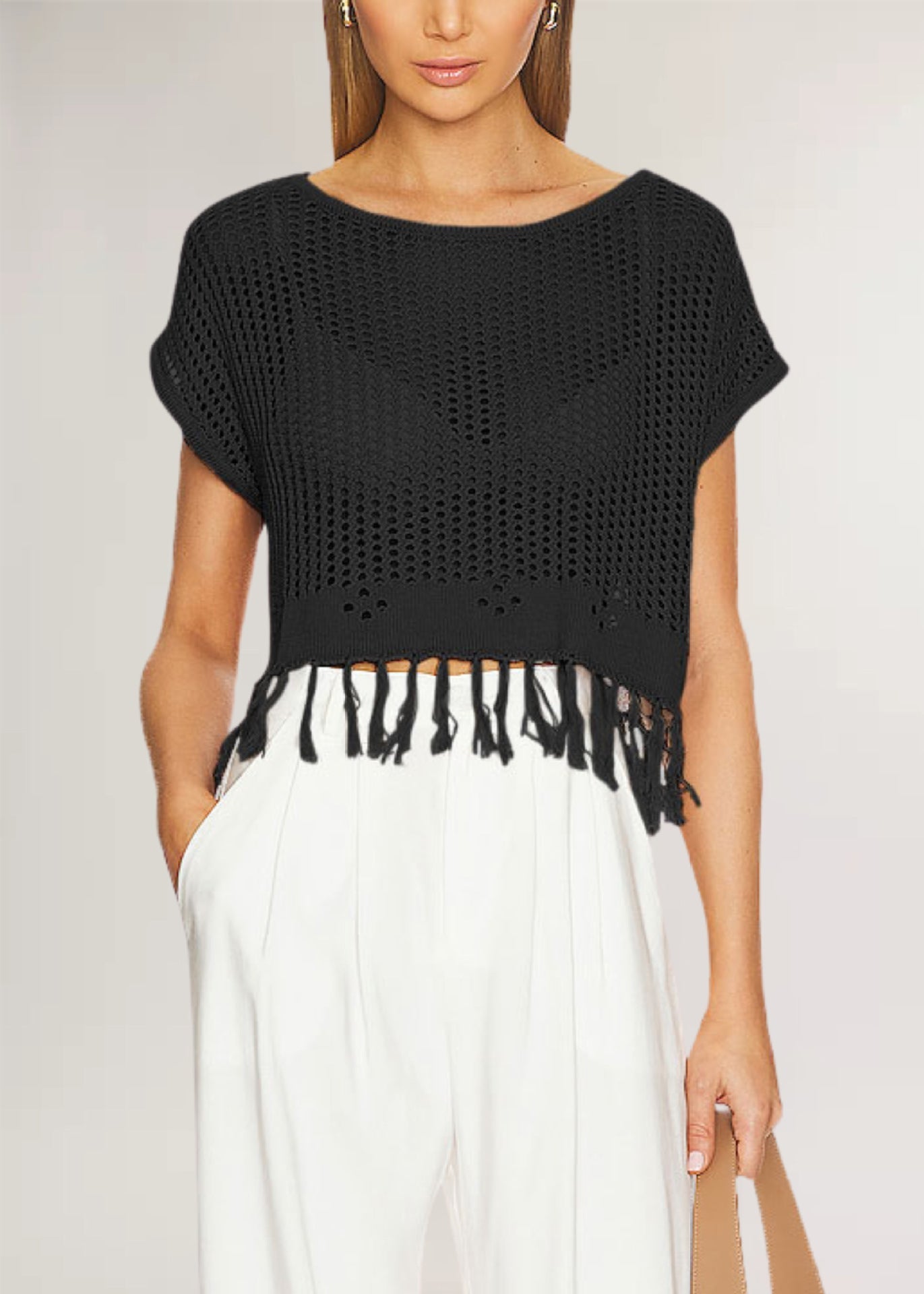 IvyShape | Solid Color Tassel Knit Round Neck Top