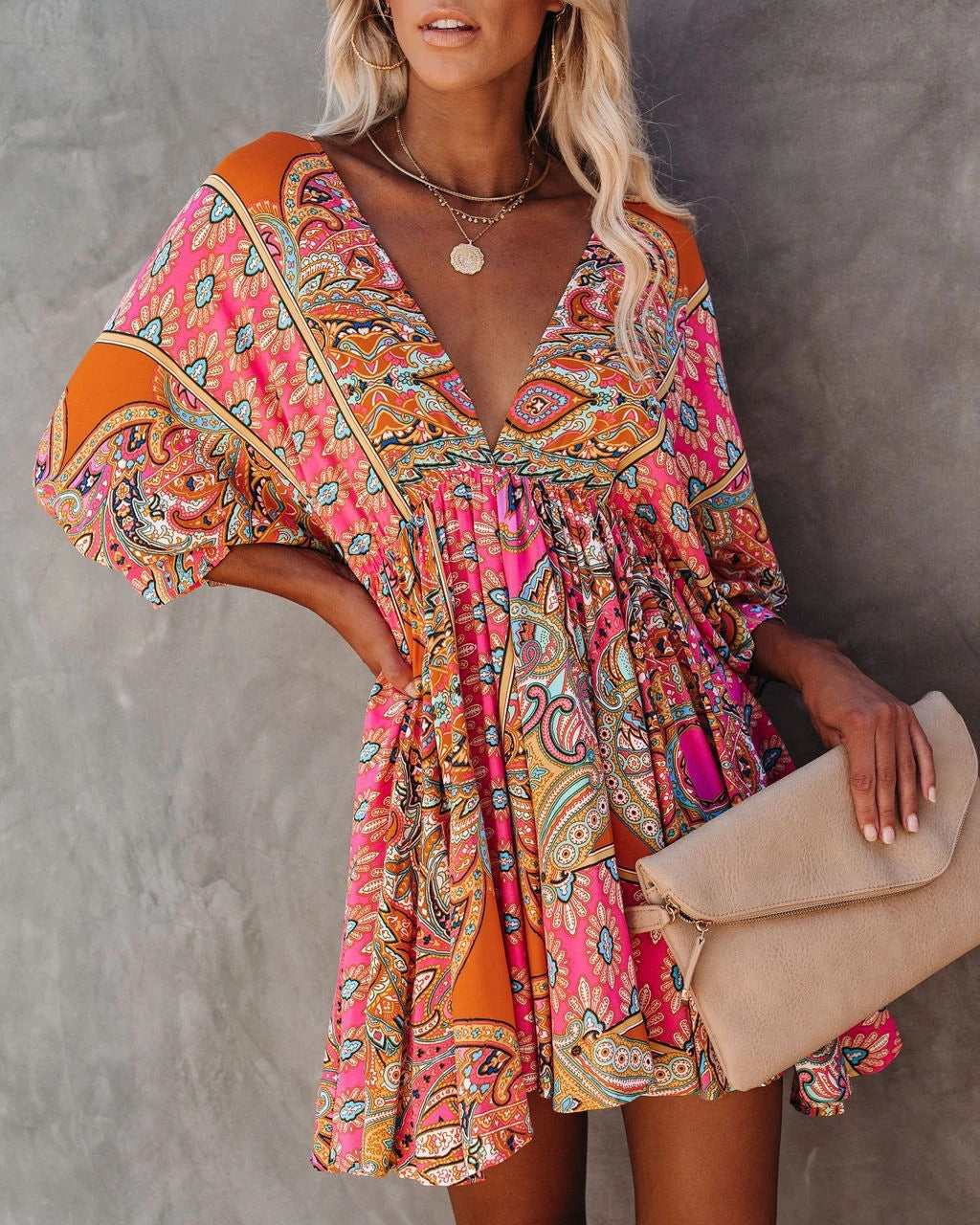 V-neck waist printed bohemian dress