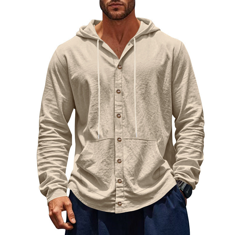 Men's casual hoodie with button placket and practical side pockets Ivyshape