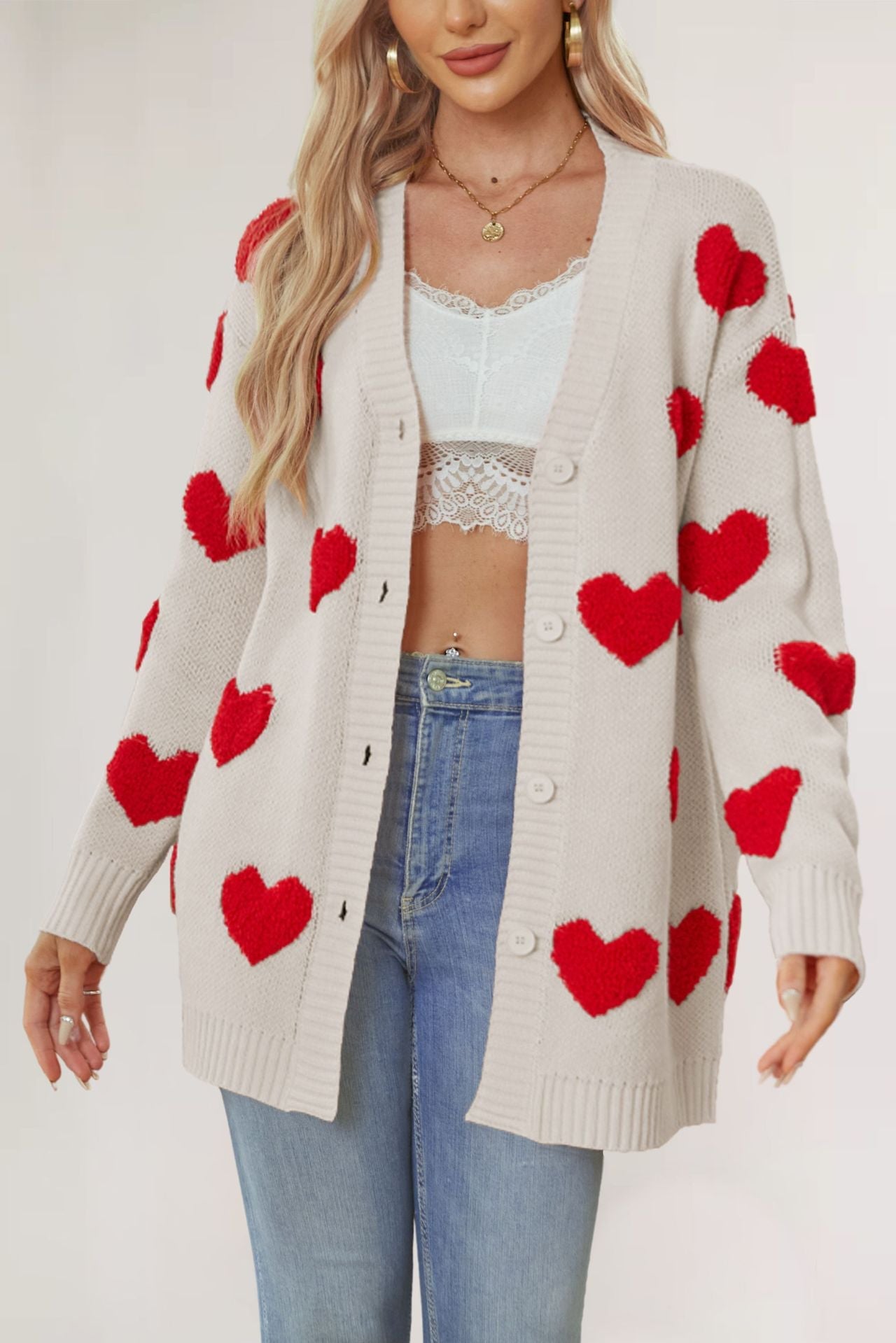 IvyShape | Valentine's Day V-neck Heart Cardigan