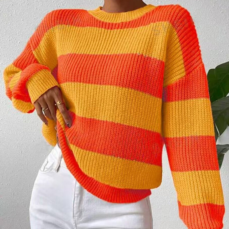 IvyShape | Striped Loose Long Sleeve Knit Sweater