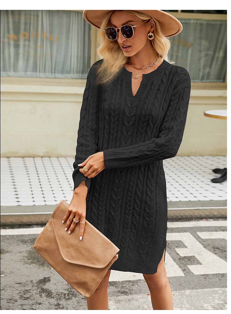 IvyShape | Cable Knit Solid Split Sweater Dress