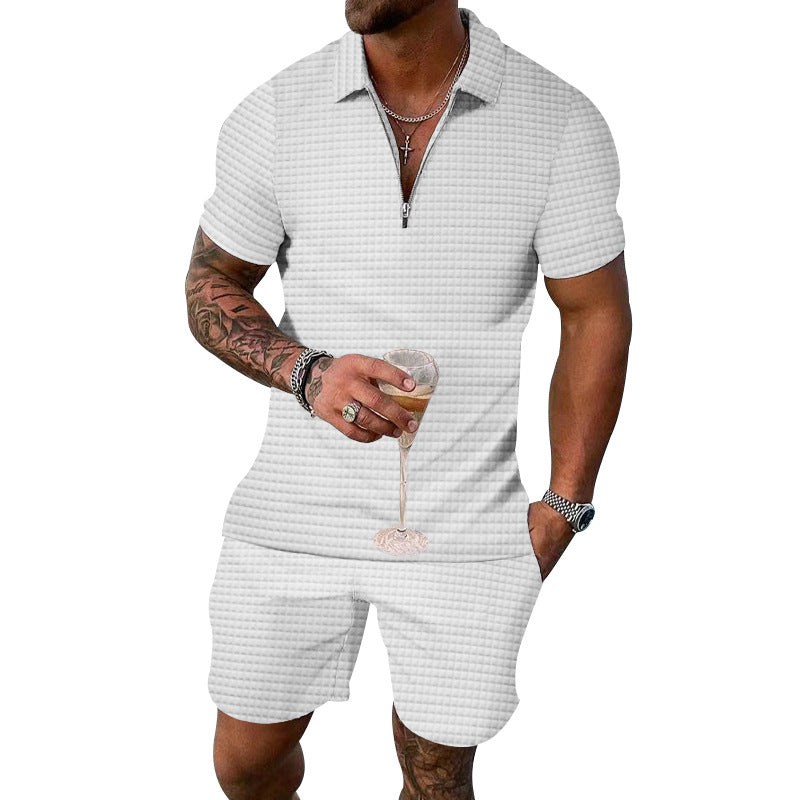 Men's fashionable short sleeve set with narrow collar and practical zipper Ivyshape