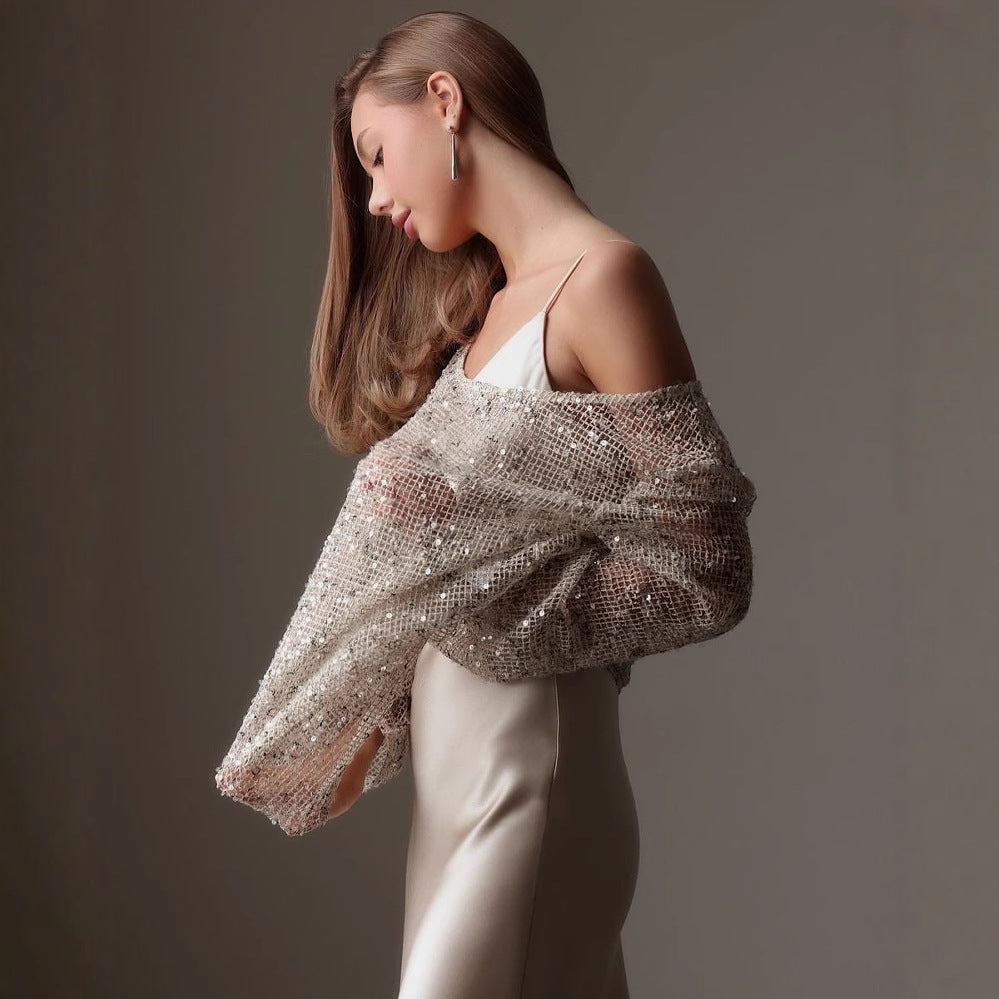 Women's Sparkling Evening Blouse with Asymmetrical Cut Ivyshape