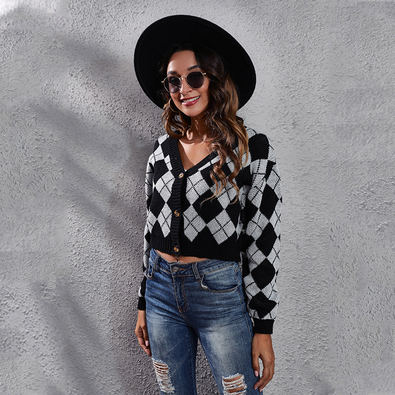 Ladies chunky knit cardigan with modern diamond pattern and button details Ivyshape