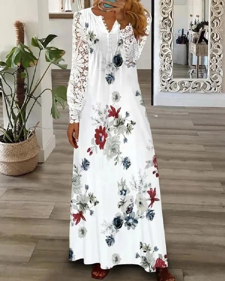 IvyShape | Fashionable European Printed Lace Long Sleeve Dress