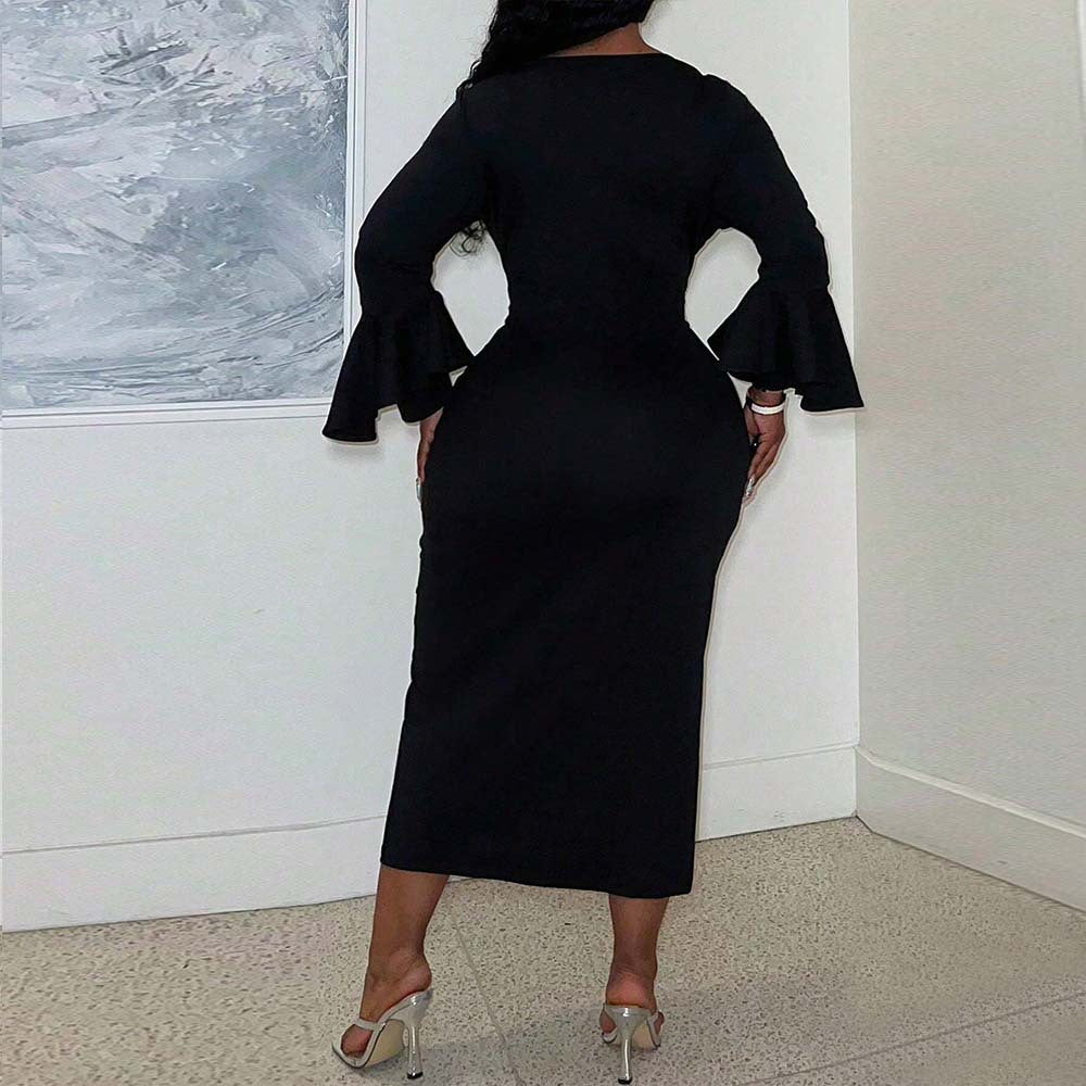 Women's fitted maxi dress with stylish square neckline and bell sleeves Ivyshape